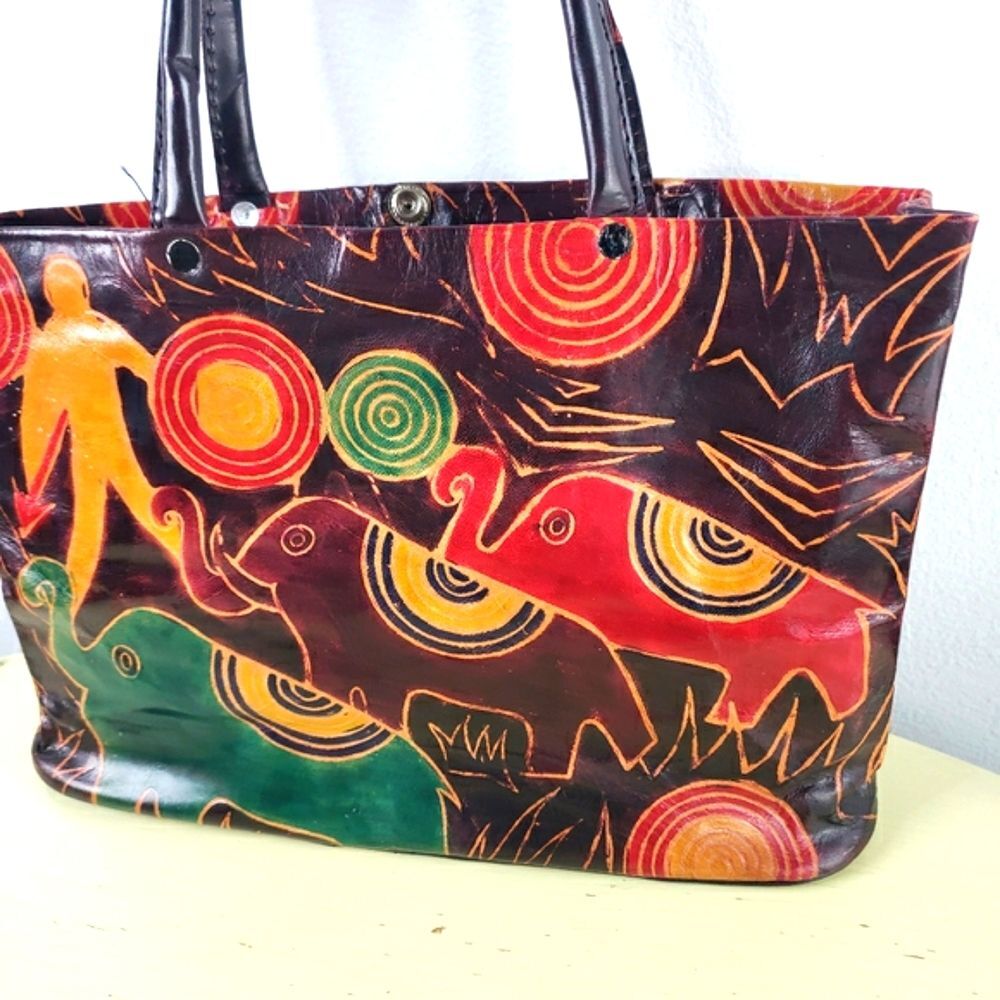 Women's Vintage Handmade Leather Colorful Elephant Snap Handbag Purse - Picture 6 of 12